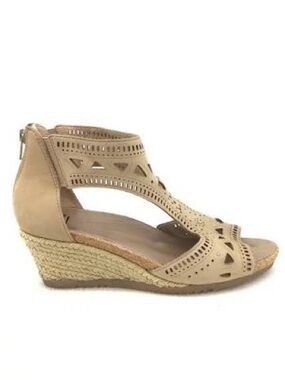 Earth Attalea Barbuda Leather Wedge Sandals Tan Biscuit Cutout Comfort Shoes 7.5